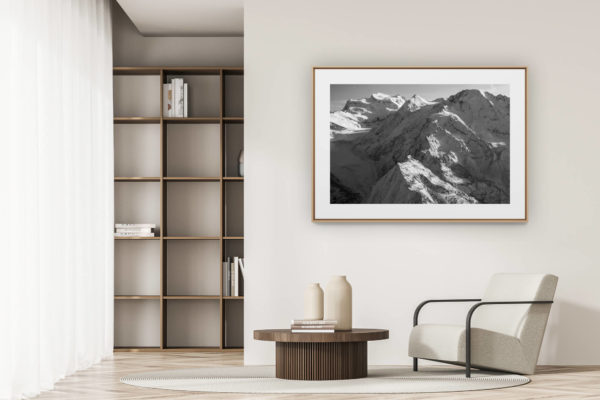 déco tendance salon moderne - photo montagne noir et blanc grand format - Les Combins - Photo de paysage des montagnes des Alpes de Crans Montana Suisse