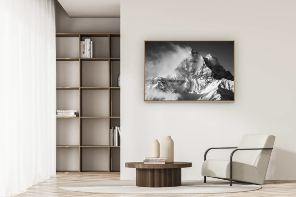 modern apartment decoration - art deco design - swiss mountain photos - mountains photos of Dents du Midi in the mist and clouds in black and white