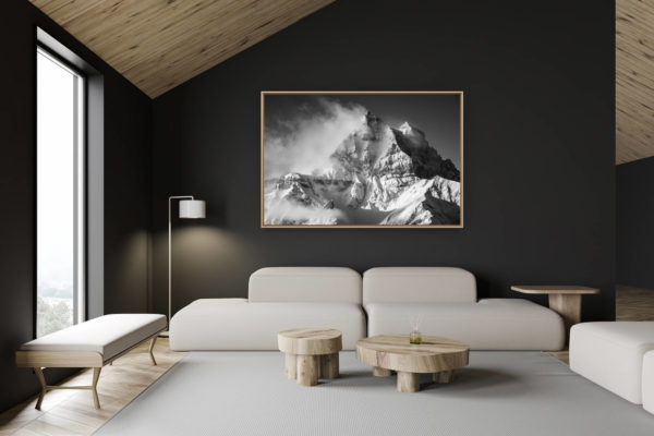 décoration chalet suisse - intérieur chalet suisse - photo montagne grand format - photo montagne suisse - photos des montagnes des Dents du Midi dans la brume et les nuages en noir et blanc