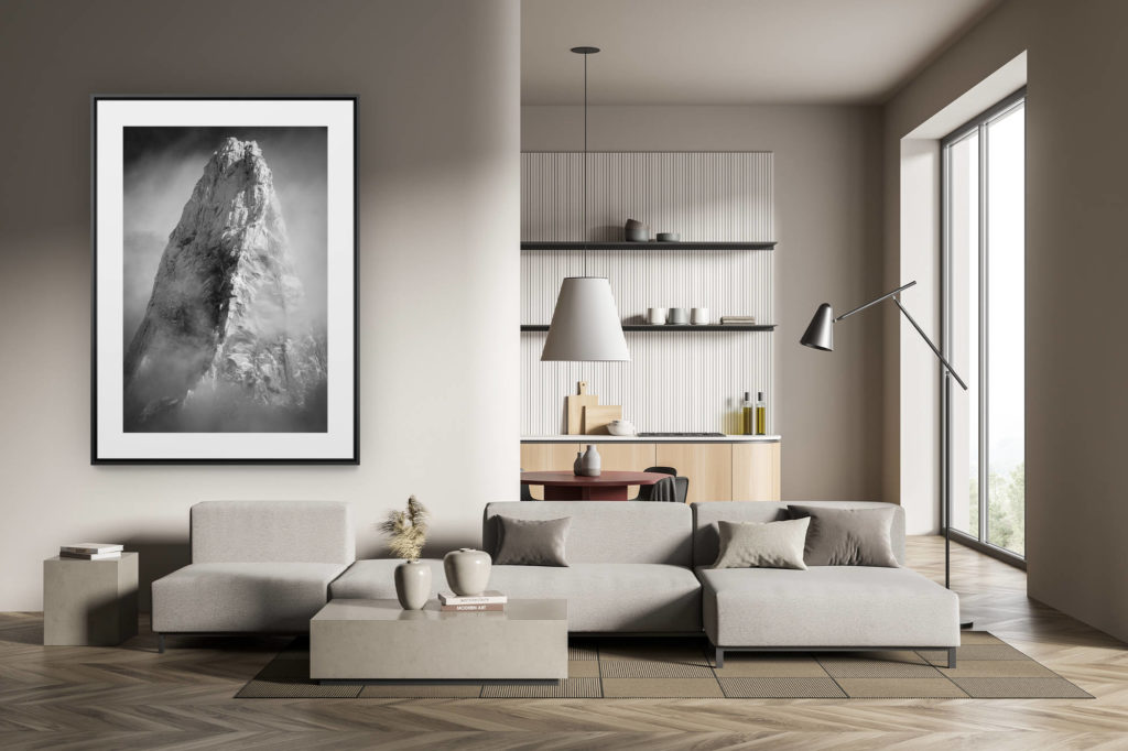 déco tendance salon moderne - photo montagne noir et blanc grand format - Massifs du Mont blanc - Photo noir et blanc de massif montagneux et du sommet les Drus