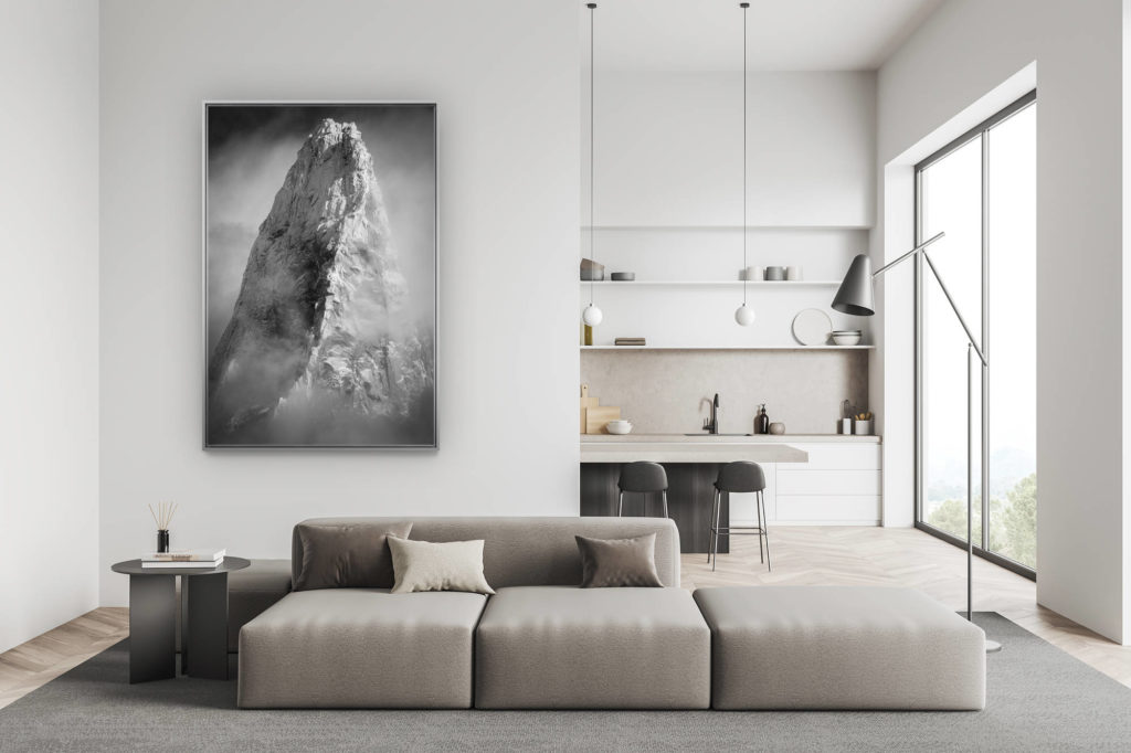 modern swiss living room decoration - mountain decoration large size picture - Massifs du Mont blanc - Black and white picture of mountain massif and summit les Drus