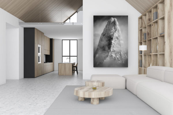 luxury swiss chalet decoration - large vertical mountain picture - design wall decoration - Mont Blanc Massifs - Black and white picture of mountain massif and summit les Drus