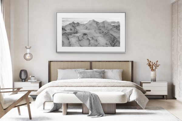 decorating a room in a renovated Swiss chalet - panoramic mountain photo - panoramic photo of the mountains of Zermatt and glaciers of the Alps - Dom des Mischabels - Normal route - Domhütte