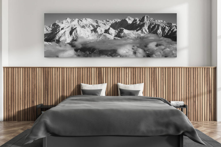décoration murale chambre adulte moderne - intérieur chalet suisse - photo montagnes grand format alpes suisses - Photo panorama noir et blanc de Leukerbad - Image panoramique des alpes bernoises. Vue sur les pistes de Leukerbad(Torrenthorn) - Leukerbad ski