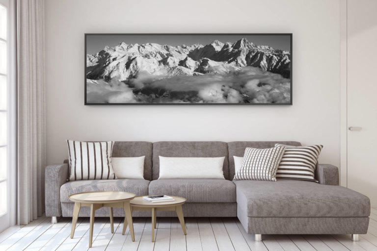 décoration murale design salon moderne - photo montagne grand format - Photo panorama noir et blanc de Leukerbad - Image panoramique des alpes bernoises. Vue sur les pistes de Leukerbad(Torrenthorn) - Leukerbad ski