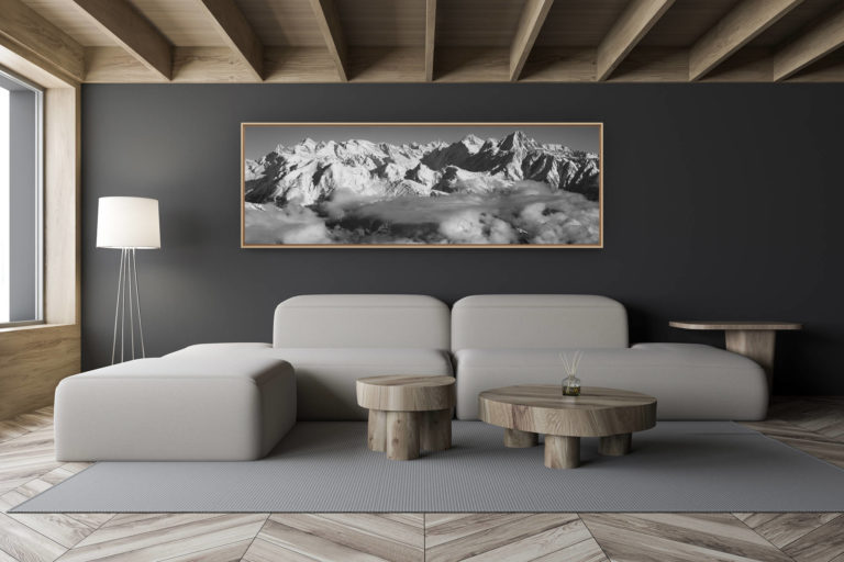 décoration salon chalet moderne - intérieur petit chalet suisse - photo montagne noir et blanc grand format - Photo panorama noir et blanc de Leukerbad - Image panoramique des alpes bernoises. Vue sur les pistes de Leukerbad(Torrenthorn) - Leukerbad ski