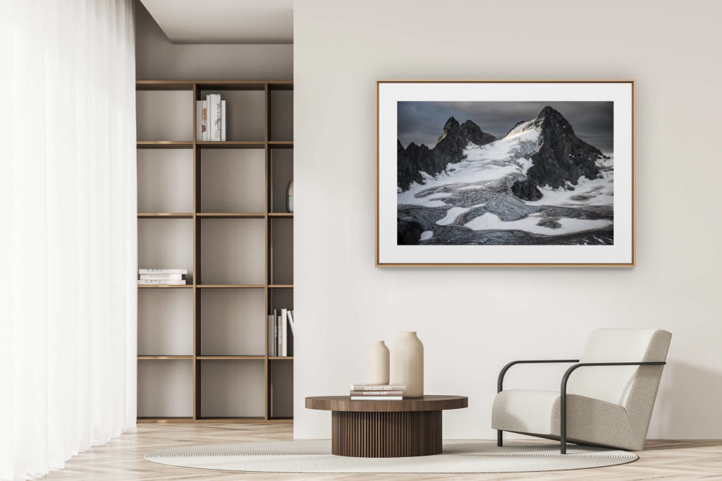 déco tendance salon moderne - photo montagne noir et blanc grand format - L'Evêque - Fonte des neiges en montagne l'été dans les Alpes Valaisannes de Crans Montana - Val d'Hérens