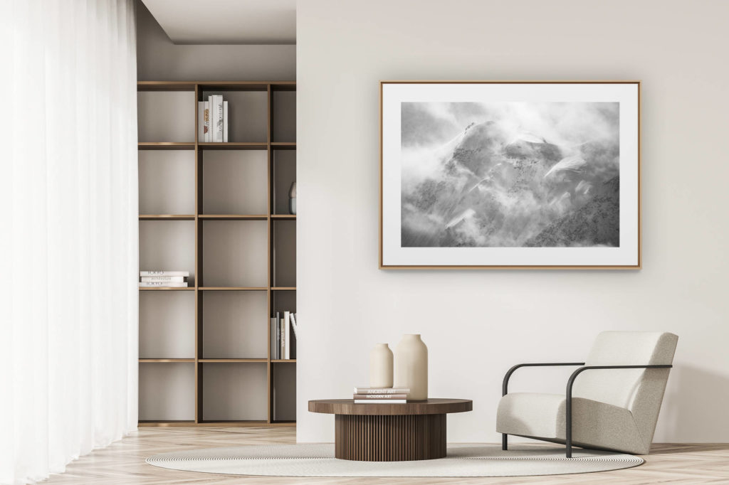 déco tendance salon moderne - photo montagne noir et blanc grand format - images montagnes Valais Suisse Zermatt - Lyskamm