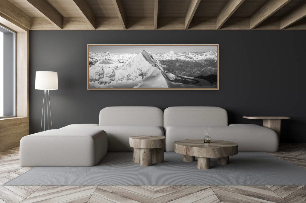 décoration salon chalet moderne - intérieur petit chalet suisse - photo montagne noir et blanc grand format - Zermatt Suisse - Lyskamm - Grand Combin noir et blanc - Vallée de zermatt