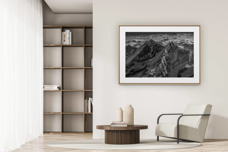 déco tendance salon moderne - photo montagne noir et blanc grand format - Vallée de Saas-Fee - Photo montagne Valais Alpes Suisse - Massif des Mischabels