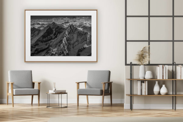 décoration intérieur moderne avec photo de montagne noir et blanc grand format - Vallée de Saas-Fee - Photo montagne Valais Alpes Suisse - Massif des Mischabels