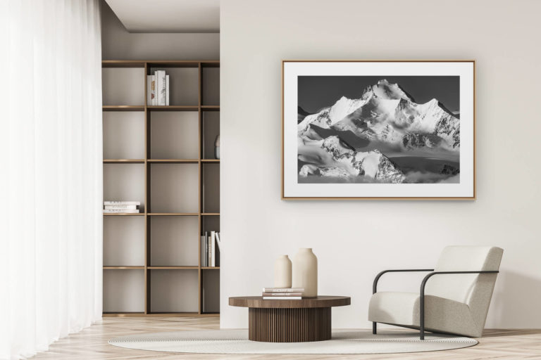 déco tendance salon moderne - photo montagne noir et blanc grand format - Photo montagne Valais Suisse - Vallée de Saas-Fee - Massif des Mischabels