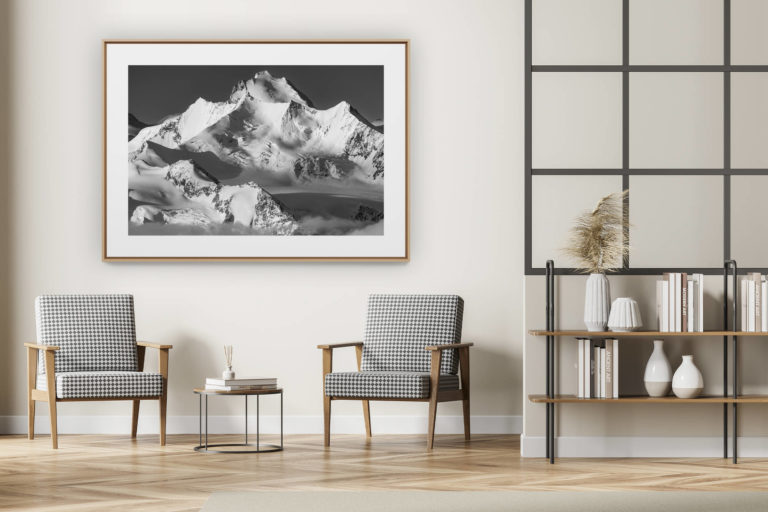 décoration intérieur moderne avec photo de montagne noir et blanc grand format - Photo montagne Valais Suisse - Vallée de Saas-Fee - Massif des Mischabels