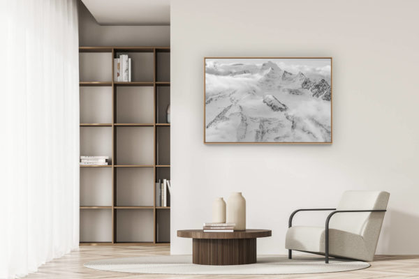 modern apartment decoration - art deco design - Massif des Mischabels - Black and white picture of the mountains of Saas Fee and Crans Montana in the Engadine valley