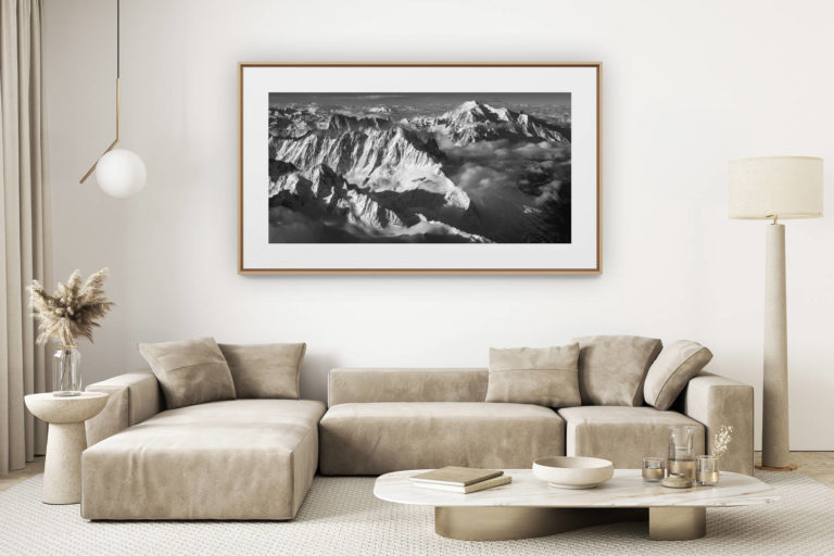 décoration salon clair rénové - photo montagne grand format - Massif du Mont-Banc - photo du mont blanc-chamonix - photo panorama massif du mont-blanc - photo hélicoptère mont-blanc