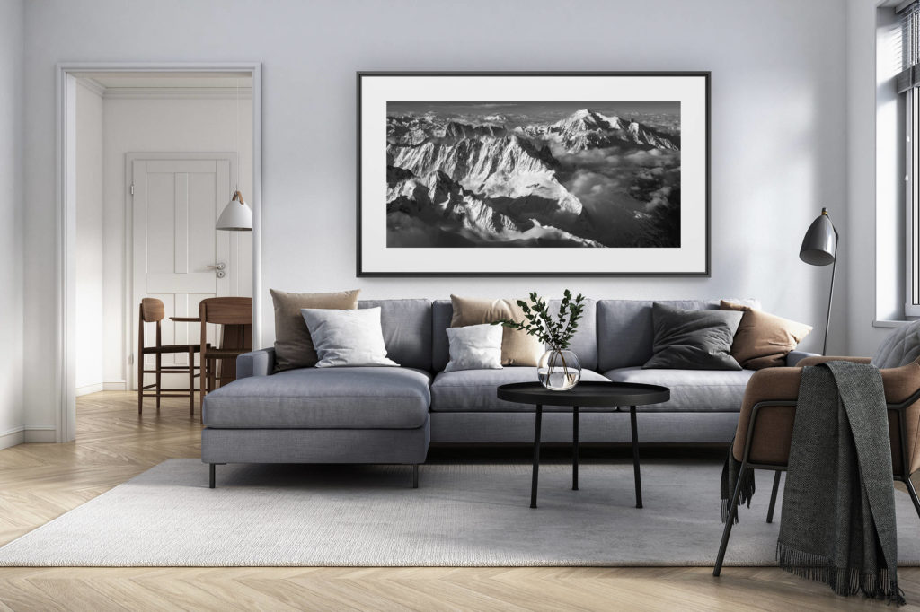 décoration intérieur salon rénové suisse - photo alpes panoramique grand format - Massif du Mont-Banc - photo du mont blanc-chamonix - photo panorama massif du mont-blanc - photo hélicoptère mont-blanc