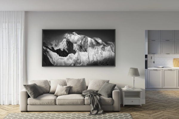 déco salon rénové - tendance photo montagne grand format - Montagne Verbier mont blanc - Superbe photo du mont blanc et du massif du Mont Blanc en noir et blanc
