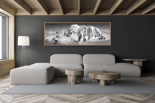 décoration salon chalet moderne - intérieur petit chalet suisse - photo montagne noir et blanc grand format - panorama sommet mont blanc photo paysage montagne