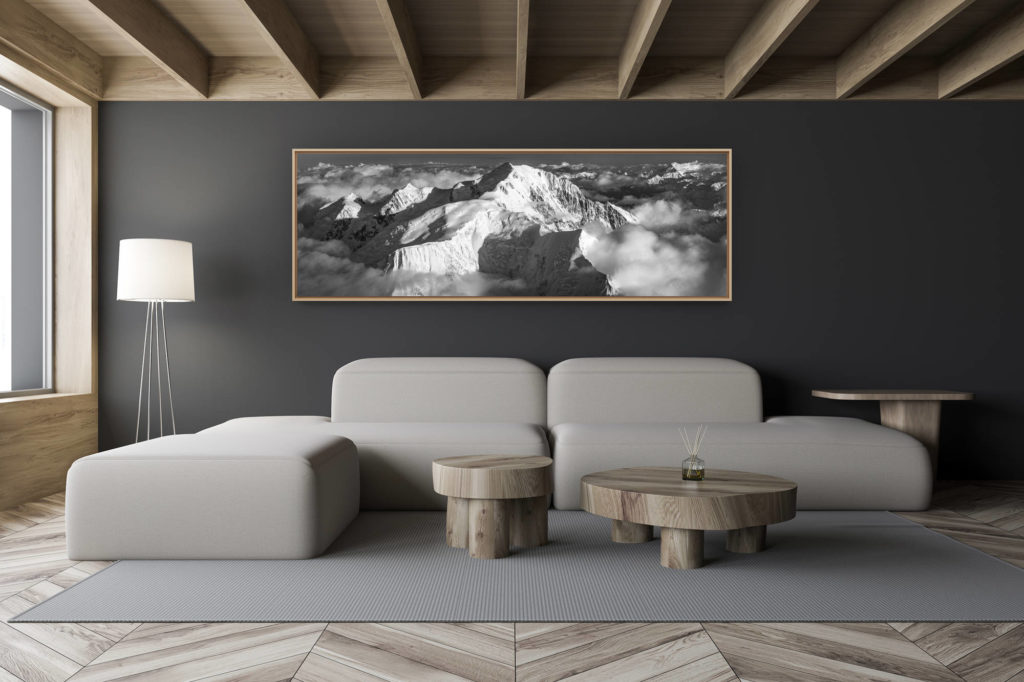 décoration salon chalet moderne - intérieur petit chalet suisse - photo montagne noir et blanc grand format - Panorama mont-blanc megève