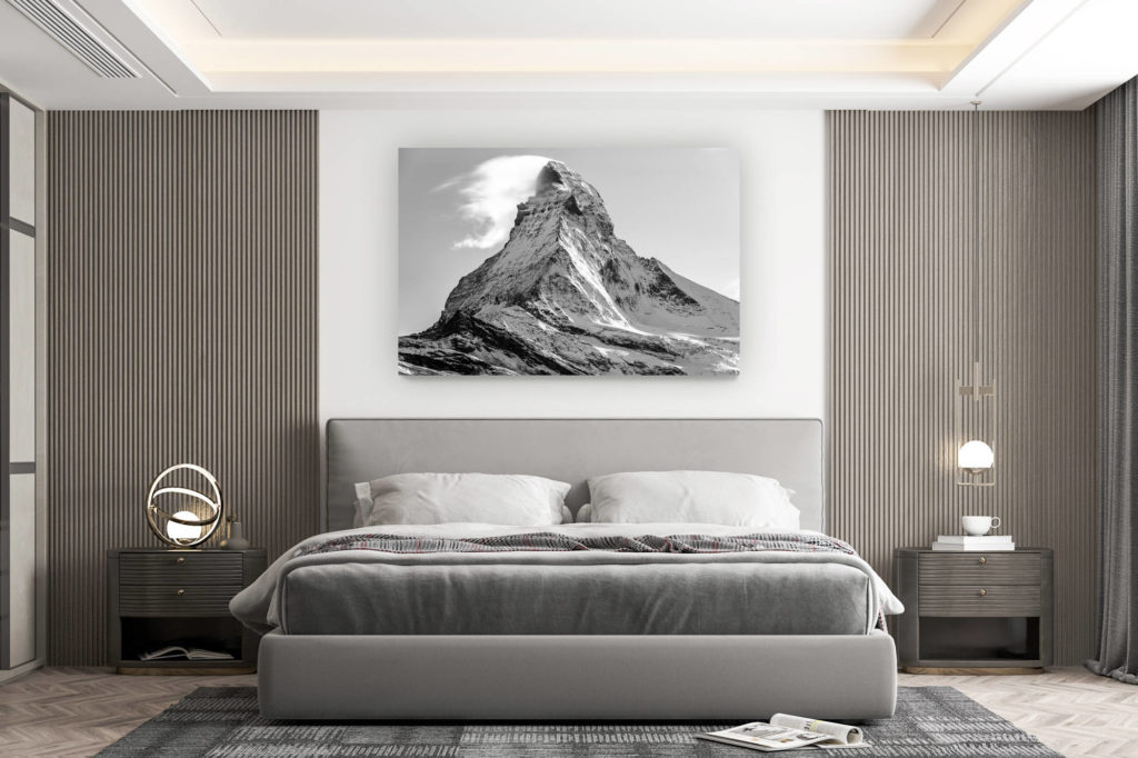 décoration murale chambre design - achat photo de montagne grand format - Pic du sommet du Matterhorn en fumée dans les nuages - Mont Cervin -  Zermatt - Montagne suisse en neige dans le canton du Valais