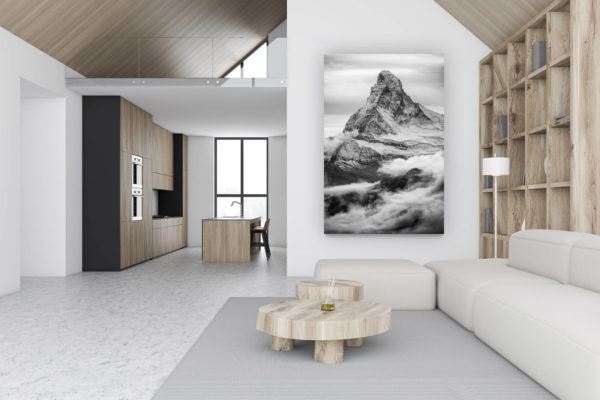 luxury swiss chalet decoration - large vertical mountain picture - design wall decoration - Sea of clouds picture on the summit of the Matterhorn at Zermatt in the Valais Alps in Switzerland