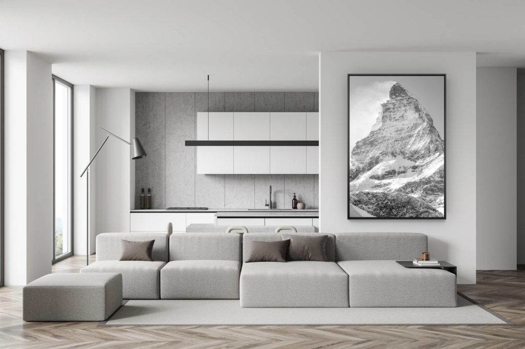 décoration murale salon suisse - photo montagne noir et blanc - déco salle à manger tendance - Matterhorn - la plus belle montagne de Suisse dans le vent et les nuages  des Alpes valaisannes