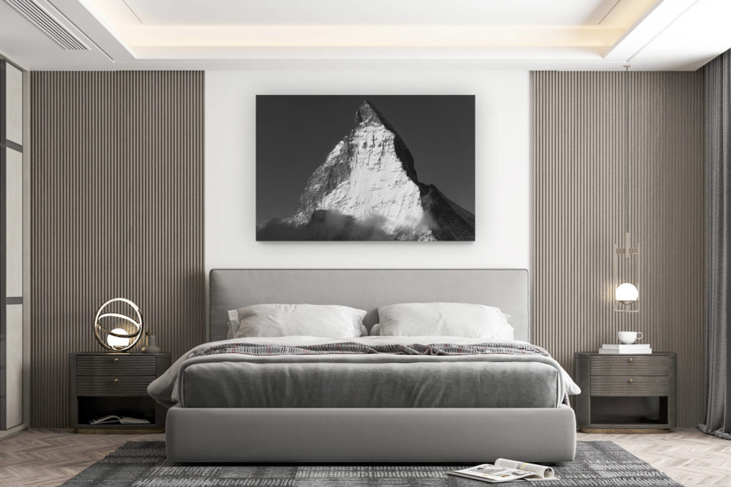 décoration murale chambre design - achat photo de montagne grand format - Matterhorn - Mont Cervin - Photo noir et blanc d'un pic de montagne à Zermatt dans les Alpes Valaisannes Suisse