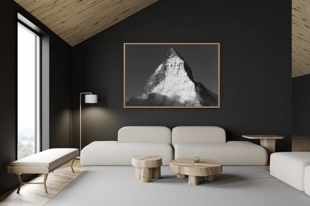 décoration chalet suisse - intérieur chalet suisse - photo montagne grand format - Matterhorn - Mont Cervin - Photo noir et blanc d'un pic de montagne à Zermatt dans les Alpes Valaisannes Suisse