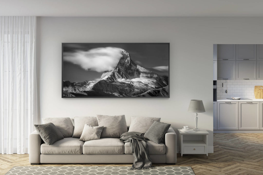 deco Wohnzimmer renoviert - Trend Bergfoto im Großformat - Zermatt Matterhorn- Schwarz-Weiß-Panoramablick auf die Alpen des Kantons Wallis Schweiz