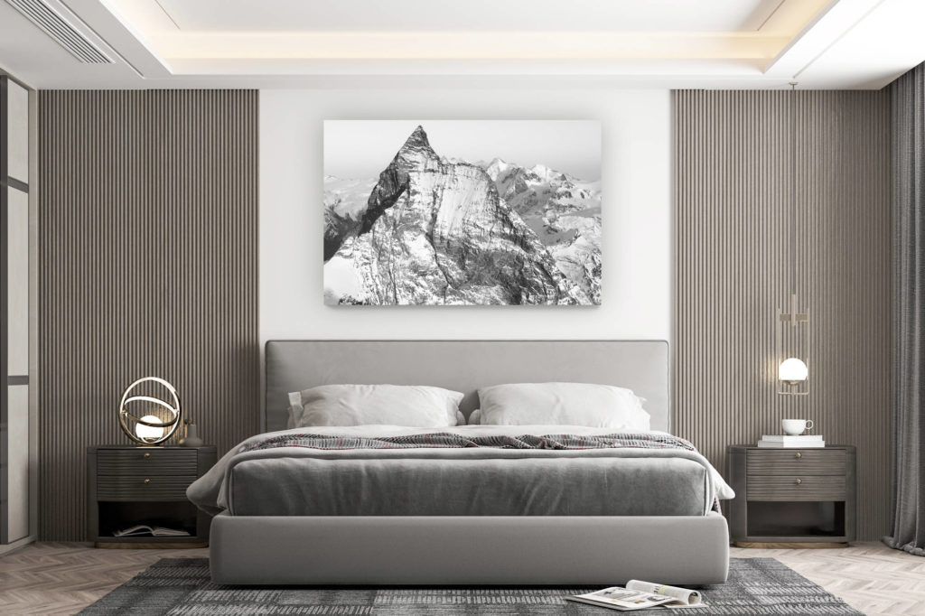 décoration murale chambre design - achat photo de montagne grand format - Matterhorn Mont Cervin face Ouest - photo Zermatt cervin Suisse en noir et blanc et de la roche de montagne enneigée