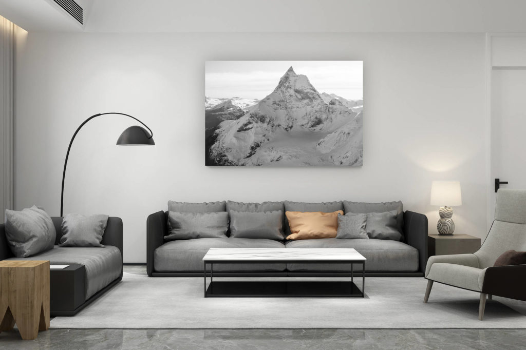 living room decoration contemporary switzerland - swiss mountain lover gift - Matterhorn black and white photos - professional photo framing of the swiss Alps and the Lion&#039;s head ridge