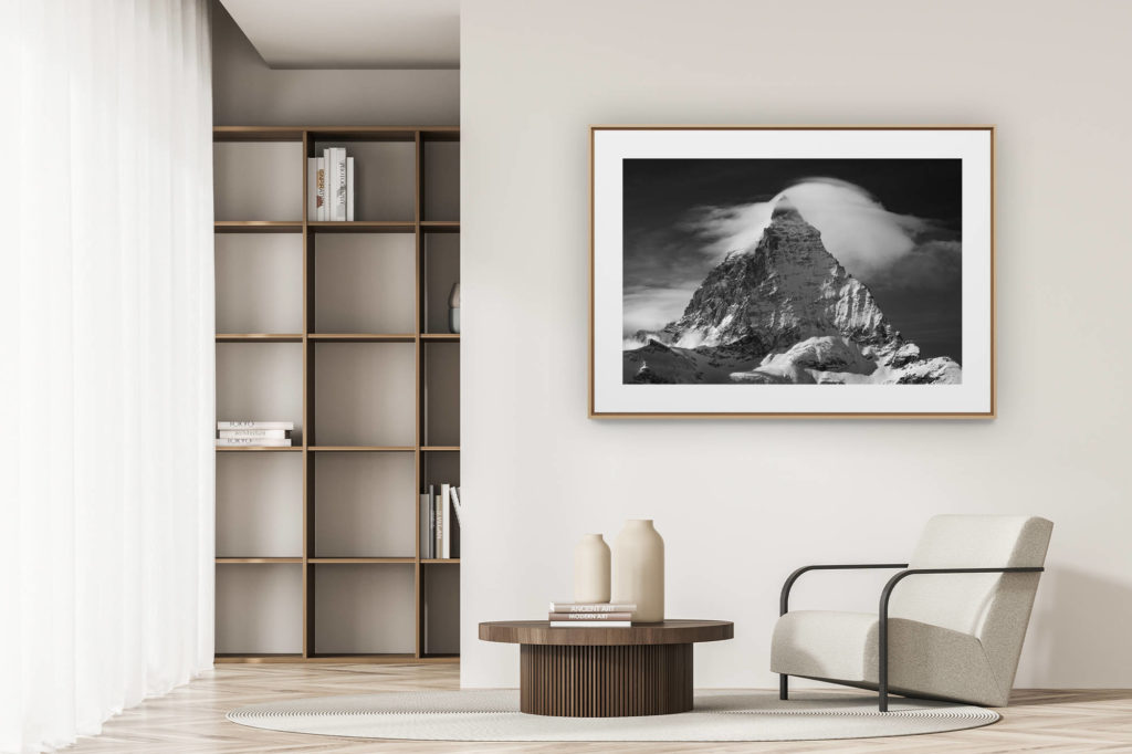 déco tendance salon moderne - photo montagne noir et blanc grand format - Photo montagne noir et blanc du Cervin enneigé - Matterhorn vu de Trockenersteg - Zermatt