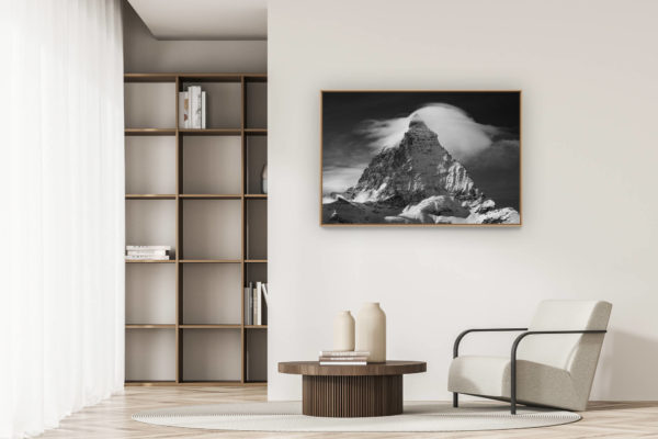modern apartment decoration - art deco design - Black and white mountain photo of the snowy Matterhorn - Matterhorn seen from Trockenersteg - Zermatt