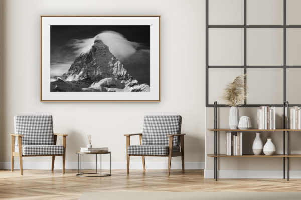 décoration intérieur moderne avec photo de montagne noir et blanc grand format - Photo montagne noir et blanc du Cervin enneigé - Matterhorn vu de Trockenersteg - Zermatt