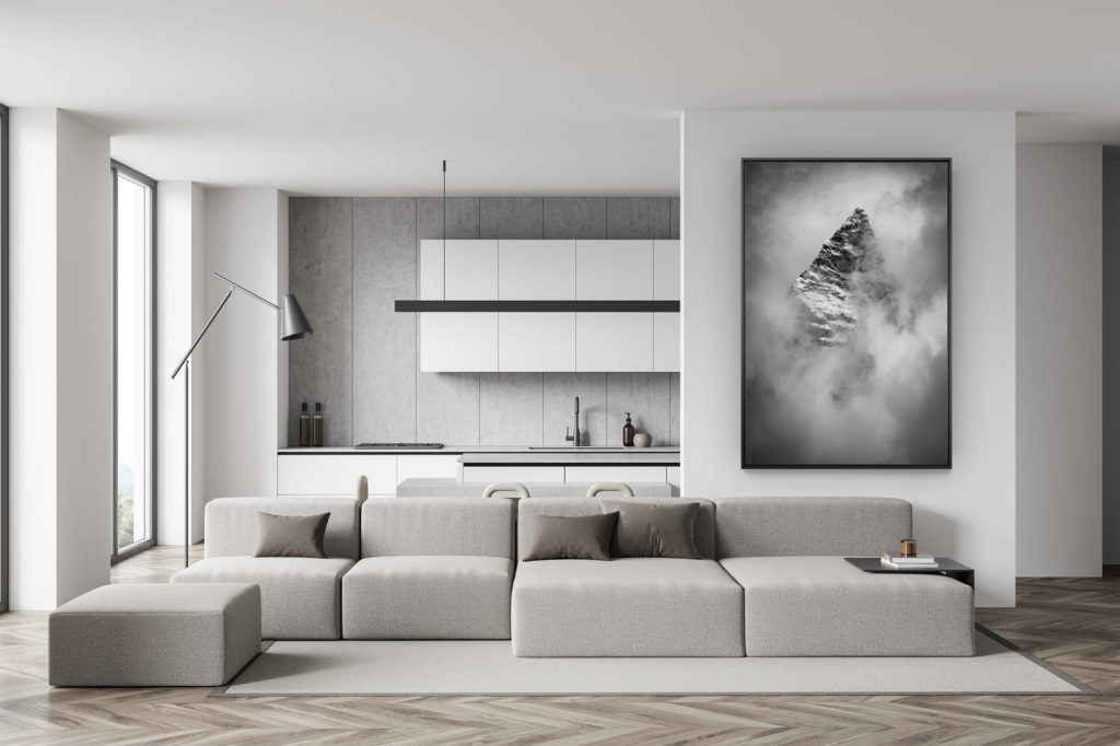 décoration murale salon suisse - photo montagne noir et blanc - déco salle à manger tendance - cervin dans les nuages