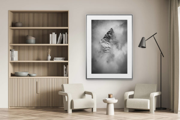 décoration murale salon - photo montagne alpes suisses noir et blanc - cervin dans les nuages