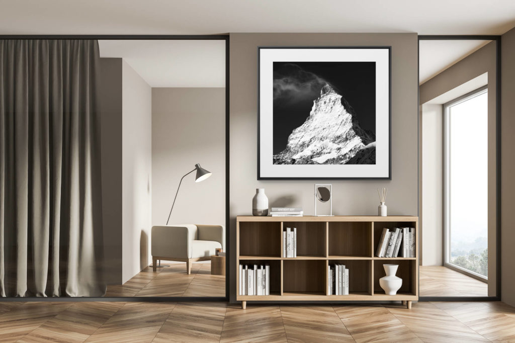 décoration chalet exclusif - tirage photo grand format - Mont Cervin photo noir et blanc vu depuis Schwarzsee