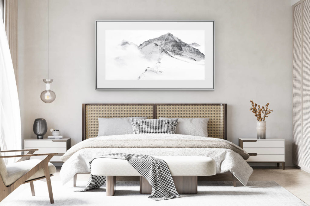 déco chambre chalet suisse rénové - photo panoramique montagne grand format - Poster montagne panoramique en noir et blanc - Matterhorn - Dent Blanche - Grand Cornier - Dent d'Hérens