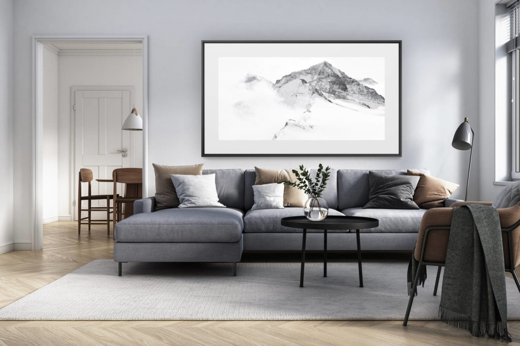 décoration intérieur salon rénové suisse - photo alpes panoramique grand format - Poster montagne panoramique en noir et blanc - Matterhorn - Dent Blanche - Grand Cornier - Dent d'Hérens