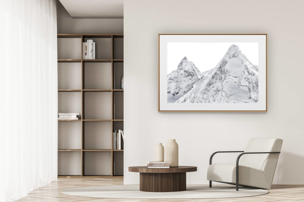 déco tendance salon moderne - photo montagne noir et blanc grand format - photo cervin matterhorn avec neige