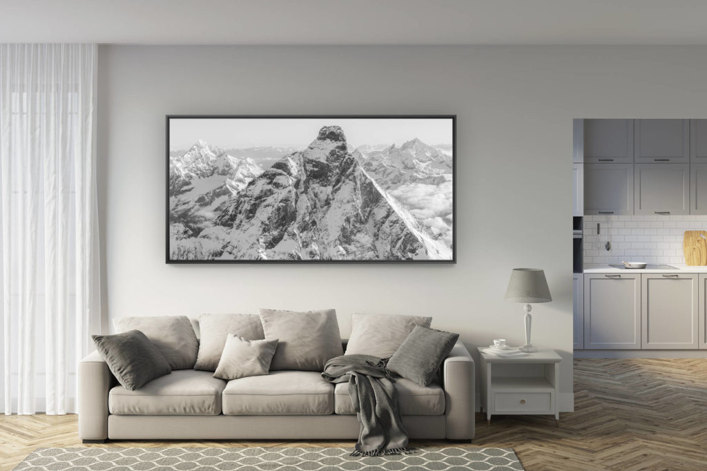 déco salon rénové - tendance photo montagne grand format - Mont Cervin Italie - Montagne panorama noir et blanc des sommets de la Dent Blanche, de l'Obergabelhorn, du Zinalrothorn et du Weisshorn