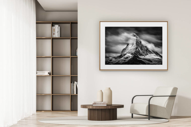 déco tendance salon moderne - photo montagne noir et blanc grand format - photo de montagne noir et blanc - photographie du Cervin - Photo valais suisse - Mont Cervin - zermatt Matterhorn