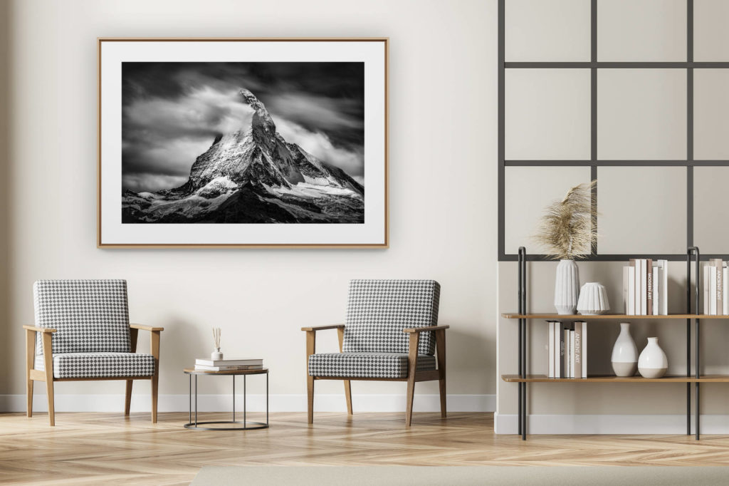 décoration intérieur moderne avec photo de montagne noir et blanc grand format - photo de montagne noir et blanc - photographie du Cervin - Photo valais suisse - Mont Cervin - zermatt Matterhorn