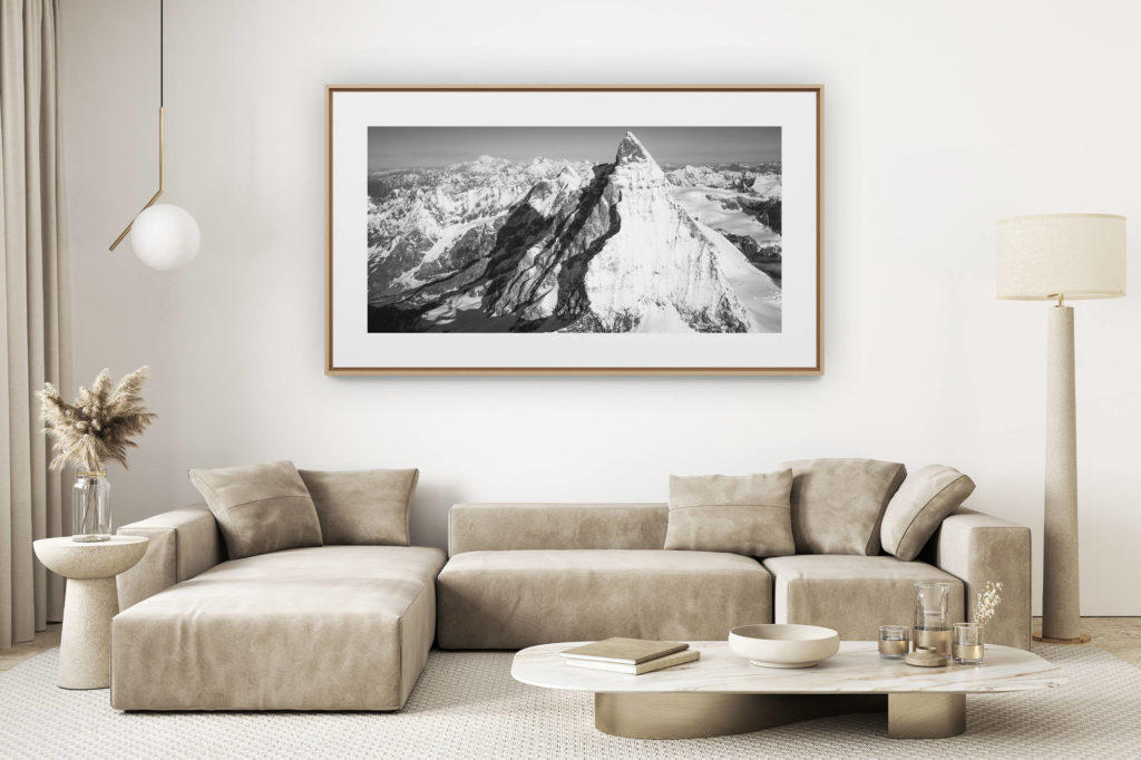 living room decoration Light - large size mountain picture - The Matterhorn Swiss Alps - panoramic view of a mountain in black and white
