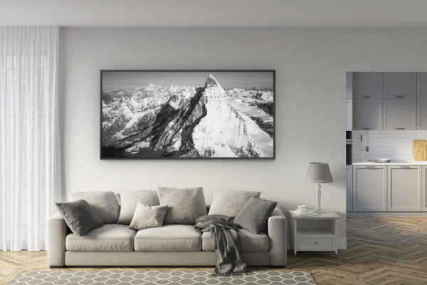 déco salon rénové - tendance photo montagne grand format - Mont Cervin Alpes Suisses - vue panoramique d'un montagne en noir et blanc