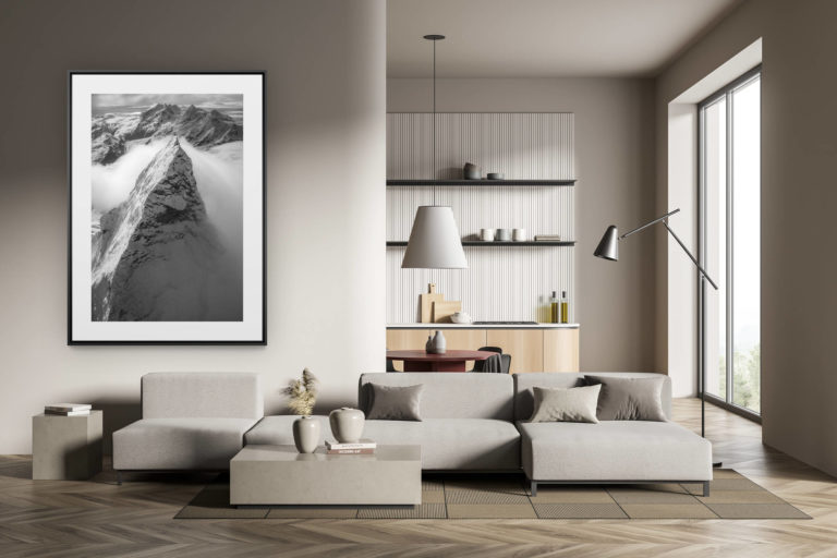 déco tendance salon moderne - photo montagne noir et blanc grand format - Cervin face nord - Mont Cervin face Ouest - Monte Rosa - Sommet de montagne dans les nuages