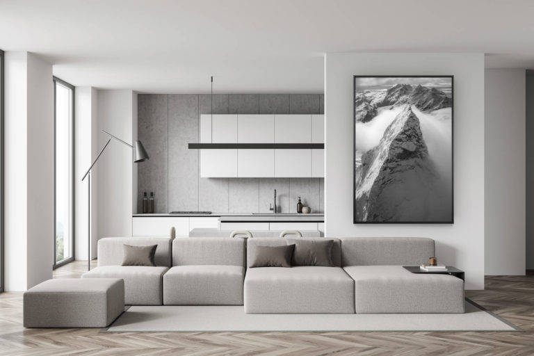 décoration murale salon suisse - photo montagne noir et blanc - déco salle à manger tendance - Cervin face nord - Mont Cervin face Ouest - Monte Rosa - Sommet de montagne dans les nuages