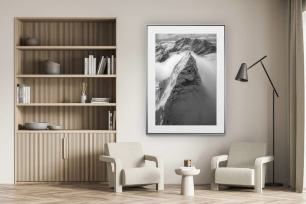 décoration murale salon - photo montagne alpes suisses noir et blanc - Cervin face nord - Mont Cervin face Ouest - Monte Rosa - Sommet de montagne dans les nuages