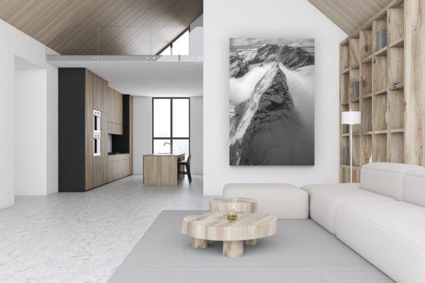 luxury swiss chalet decoration - large vertical mountain picture - design wall decoration - Matterhorn north face - The Matterhorn west face - Monte Rosa - summit of mountain in the clouds