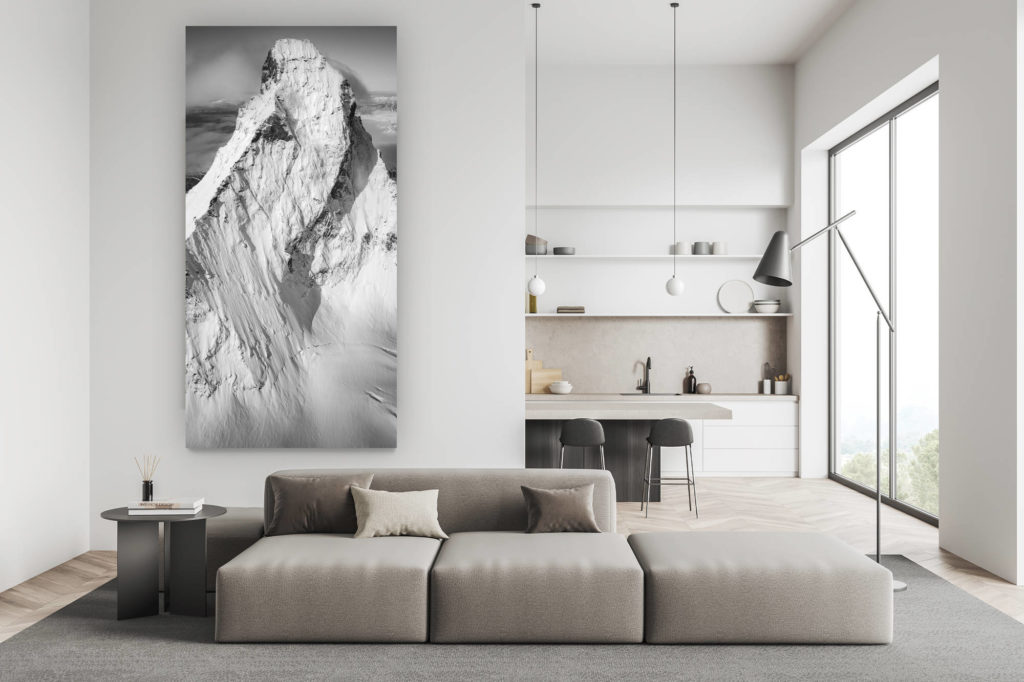 décoration salon suisse - photo montagne noir et blanc - Photo noir et blanc du Mont Cervin. Belle photo de la face Nord du Cervin. Photo de la montagne emblèmatique de la Suisse.
